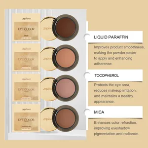 Detail of zephoco matte eyeshadow collection with 4 earthy tones and key ingredient info.