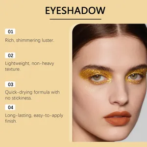 Detail view of shimmering gold liquid eyeshadow applied on model's eyes with feature list