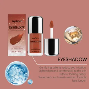 Detail view of Zephoco liquid eyeshadow with packaging and waterproof formula description.