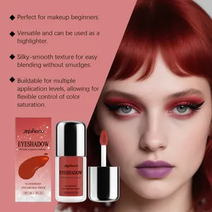Close-up of red liquid eyeshadow application on model and product packaging