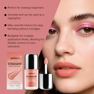 Close-up view of shimmering pink liquid eyeshadow on model's eyelids with product bottle