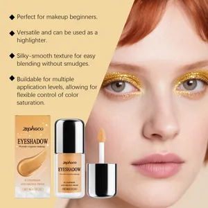 Detailed view of gold liquid eyeshadow application on model with product packaging.