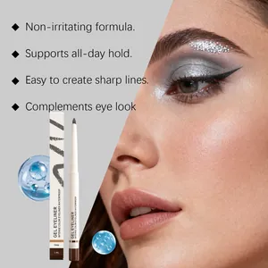 Detailed view of gray matte gel eyeliner and packaging with makeup look demonstration