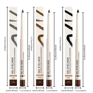Detailed dimensions of matte waterproof gel eyeliners in gray, brown, and black colors