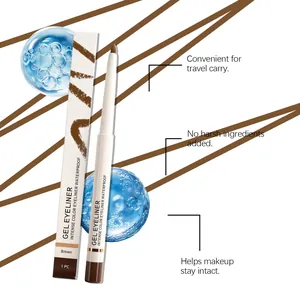 Detail view of waterproof brown gel eyeliner pen with retail box and water bubbles.