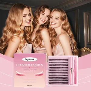 Vue détaillée du kit complet de faux cils NYMIXA avec 200 pièces, adhésif et pince rose