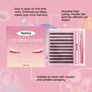 Vue détaillée du kit de cils en grappe NYMIXA avec 200 pièces et outils applicateurs