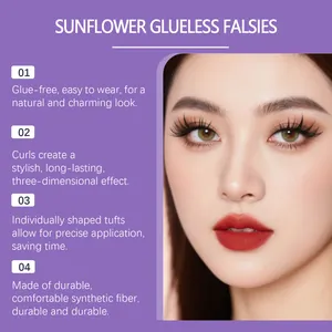 Close-up detail of glueless sunflower individual eyelash clusters on an Asian female model