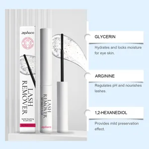 Vue détaillée du dissolvant de cils Zephoco montrant ses ingrédients et sa texture gel.