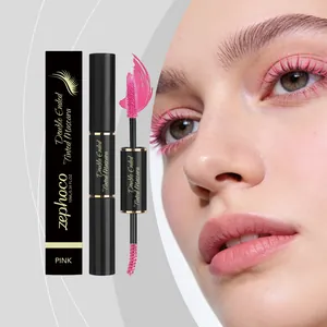 Zephoco pink double-ended mascara showing vibrant lash makeup effect and product packaging