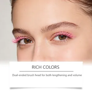 Close-up of pink mascara applied to lashes for lengthening and volume effect.