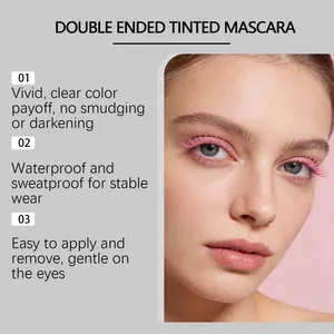 Detailed macro view showing vivid pink tinted eyelashes with double ended waterproof mascara