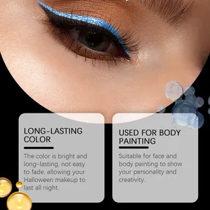 Macro shot of vibrant blue neon liquid eyeliner application for Halloween body painting.