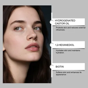Detailansicht der nährenden Wimpernserum-Inhaltsstoffe wie Biotin und Rizinusöl.