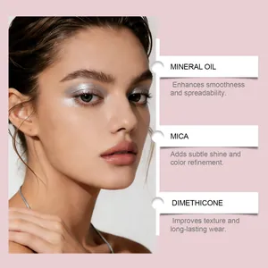 Detailed view of silver glitter cream eyeshadow stick with mineral oil and mica benefits
