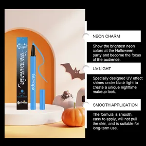 EelHope blue neon UV liquid eyeliner detail view with Halloween themed prop setting.