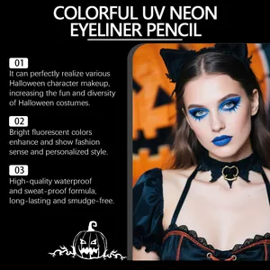 Detail of waterproof blue UV neon eyeliner applied for dramatic Halloween cat makeup.