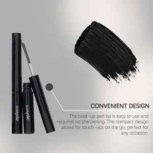 Detail view of Zephoco black curling mascara featuring a texture swatch and slim brush design.
