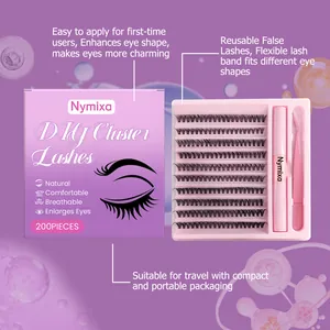 Vue détaillée du kit de faux cils Nymixa avec pince rose et stylo à colle