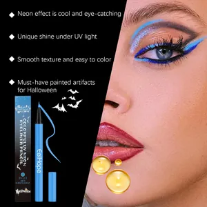 Close-up of neon blue UV liquid eyeliner makeup application for Halloween.