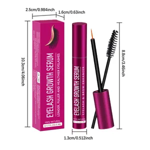 Detailed size specifications for eyelash growth serum bottle and magenta packaging box
