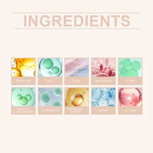 Vista macro de ingredientes como mica y aceite mineral para sombra de ojos