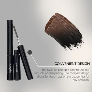 Detailed view of brown waterproof mascara with texture swatch and twist-up pen design.