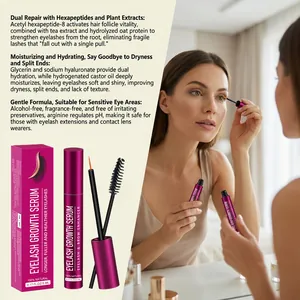 Close-up of nourishing Eyelash Growth Serum box, bottle and model application scene