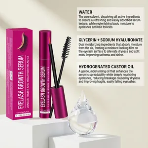 Eyelash growth serum ingredients detail with castor oil and hyaluronic acid info.