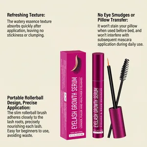 Detail showing eyelash growth serum with natural ingredients and precise brush applicator