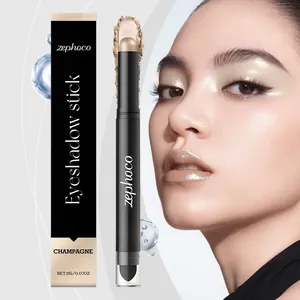 Close-up of zephoco champagne shimmer eyeshadow stick with model makeup demonstration