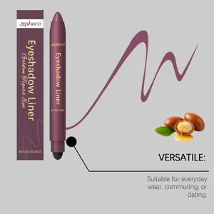 Detail of zephoco 2-in-1 eyeshadow liner with purple color swatch and moisturizing ingredients