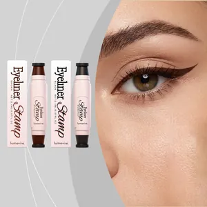 Detailed view of waterproof eyeliner stamp pen with professional winged eye makeup effect