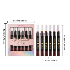 Detailed dimension view of zephoco 6-color shimmer eyeshadow stick set packaging and product