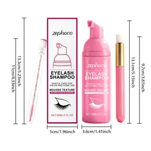 Detailed dimensioned view of 60ml eyelash shampoo kit with brushes and storage tube