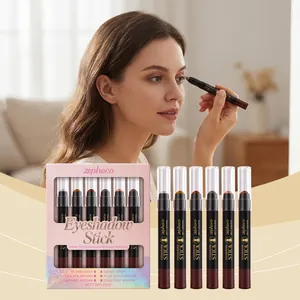 Close-up of Zephoco eyeshadow stick set with model demonstration and product packaging