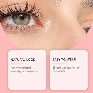 Close-up of natural-looking magnetic eyelashes on eye with easy application text