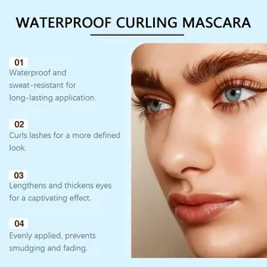 Primer plano del rostro con pestañas largas y rizadas por máscara resistente al agua.