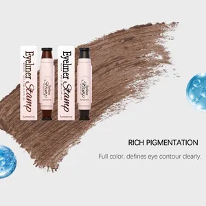 Close-up of lumavire waterproof eyeliner stamp pens and boxes with a rich brown swatch