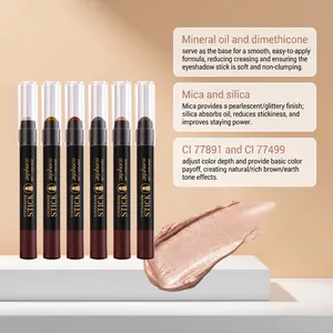 Detail view of zephoco eyeshadow sticks set with ingredient info and shimmering swatch