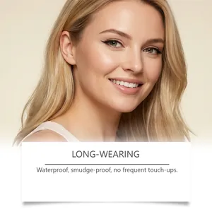 Close-up showing the precise brown eyeliner stamp application on a smiling model