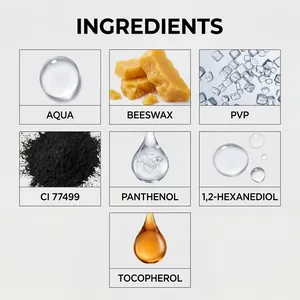 Detailed view of key ingredients in black waterproof mascara including beeswax and panthenol