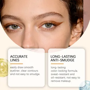 Detail view of light brown liquid eyeliner showing precise lines and smudge-proof formula