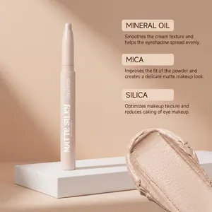 Detail of champagne matte silky eyeshadow stick showing creamy texture and ingredients.