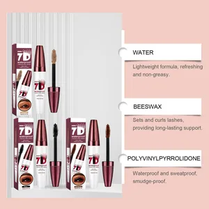 Detail view of 7D waterproof mascara shades with ingredient benefits for fiber lashes