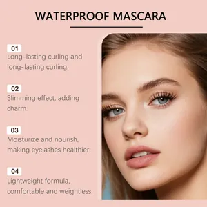 Detail of long-lasting waterproof mascara effect on model's curled lashes