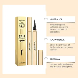 Detailed view of light brown liquid eyeliner highlighting ingredients like beeswax