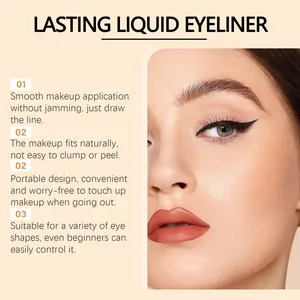 Detailed view of black waterproof liquid eyeliner with smooth finish on model's eye