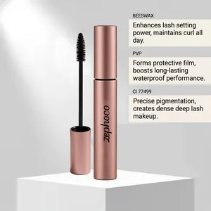 Detail view of Zephoco waterproof mascara highlighting beeswax and PVP benefits