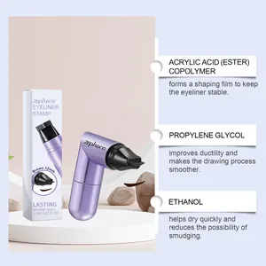 Brown eyeliner stamp by Zephoco showing ingredient benefits like fast drying and lasting.
